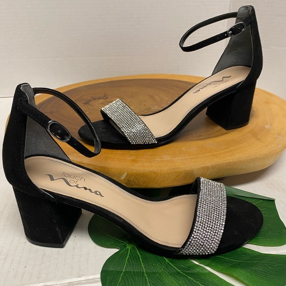 NINA Ankle Strap Block Heel Rhinestone Heels - Picture 1 of 9